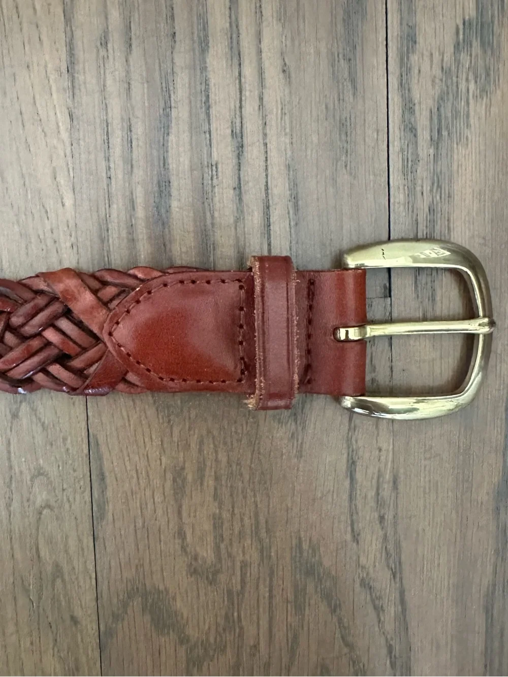 Vintage Talbots Braided Leather Belt Solid Brass Square Buckle Warm Brown Large